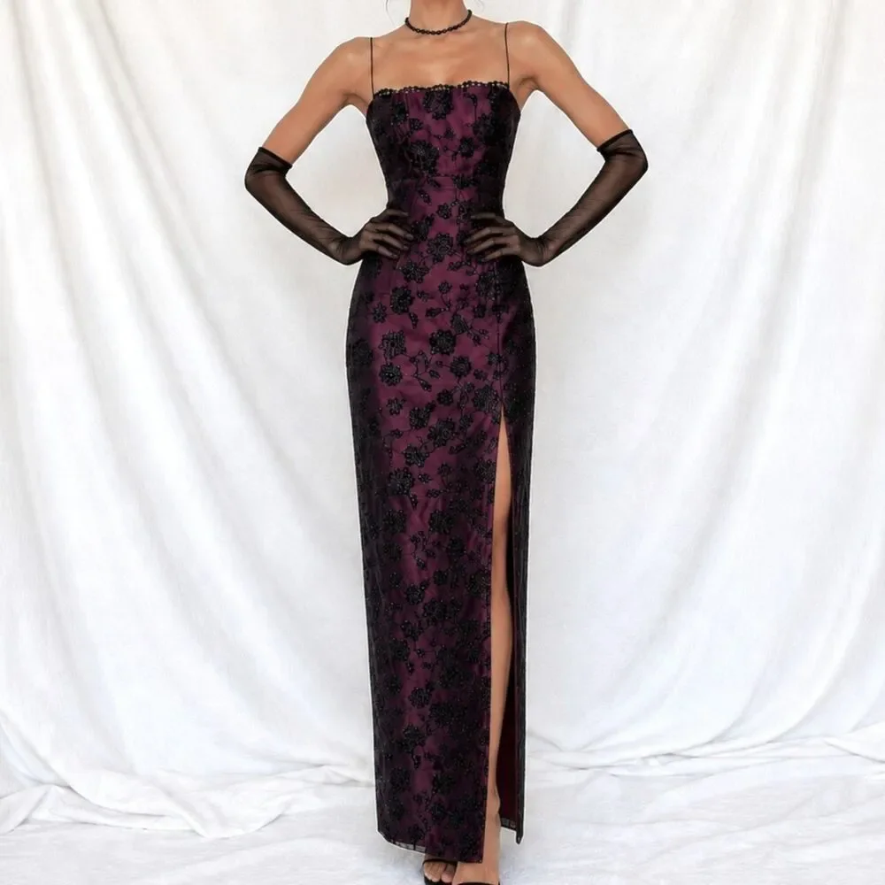 Vintage Y2K Burgundy Red Floral Velvet Side Slit Mesh Bodycon Maxi Prom Dress M